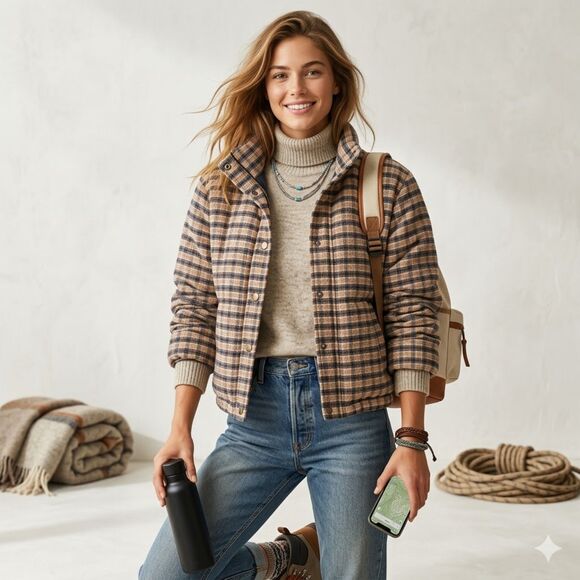 SHEIN Jackets & Blazers - Shein Flannel Quilted Plaid Puffer Cropped  Women's Shacket Jacket Coat Size M